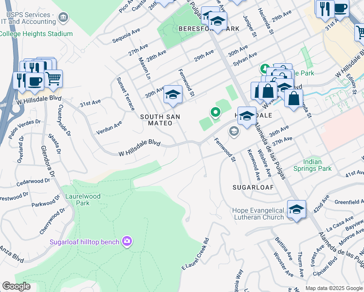 map of restaurants, bars, coffee shops, grocery stores, and more near 705 West Hillsdale Boulevard in San Mateo