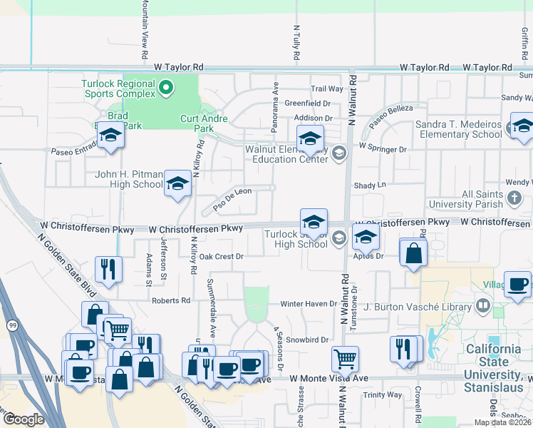 map of restaurants, bars, coffee shops, grocery stores, and more near 4141 Panorama Avenue in Turlock