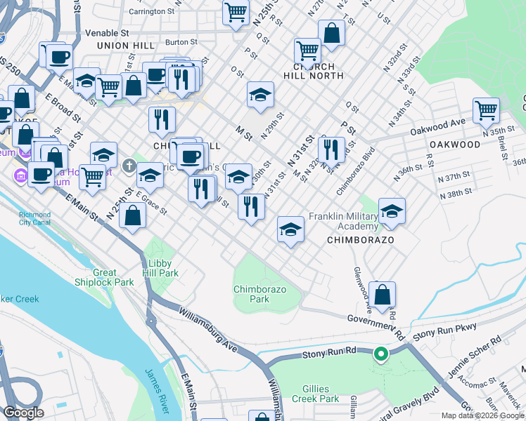 map of restaurants, bars, coffee shops, grocery stores, and more near 425 North 31st Street in Richmond