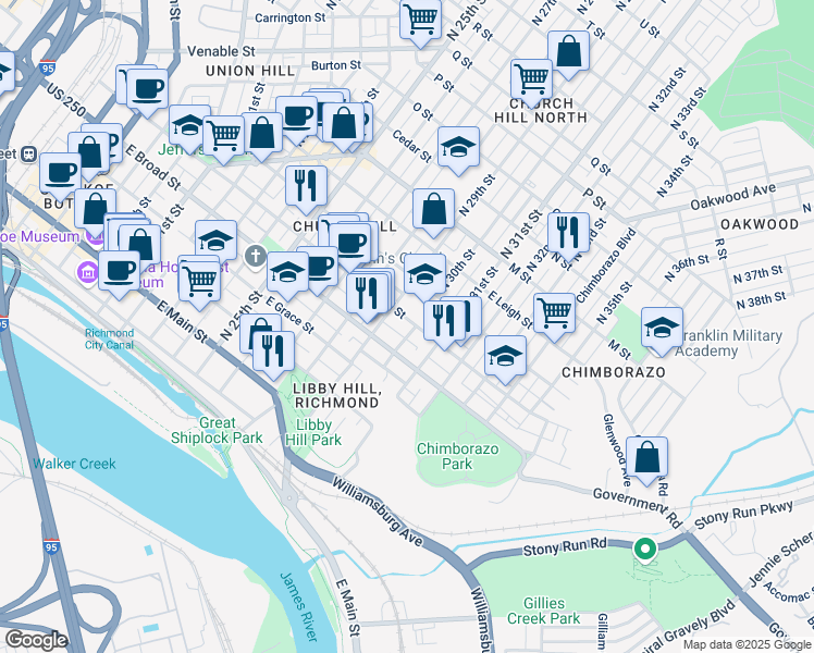 map of restaurants, bars, coffee shops, grocery stores, and more near 2927 East Marshall Street in Richmond
