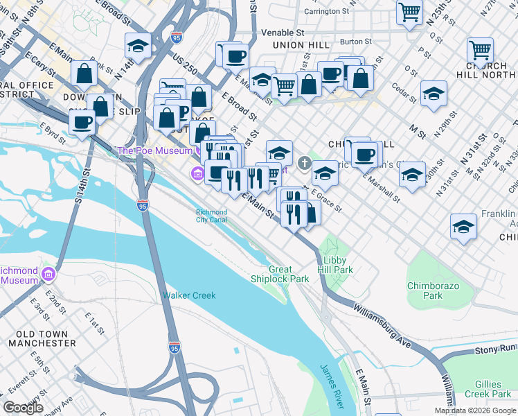 map of restaurants, bars, coffee shops, grocery stores, and more near 2314 East Main Street in Richmond