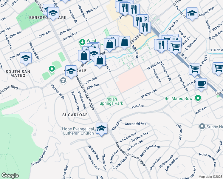 map of restaurants, bars, coffee shops, grocery stores, and more near 3724 Hacienda Street in San Mateo