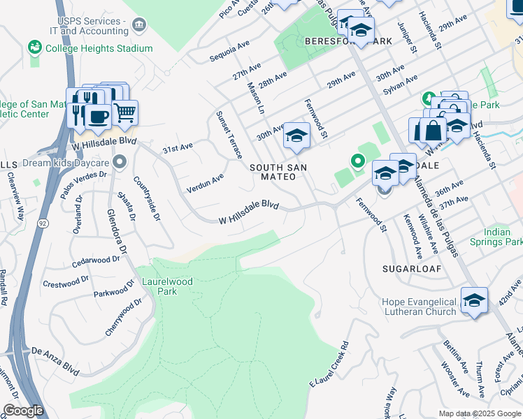 map of restaurants, bars, coffee shops, grocery stores, and more near 837 West Hillsdale Boulevard in San Mateo