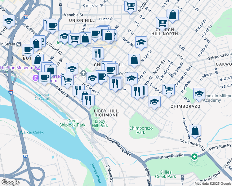 map of restaurants, bars, coffee shops, grocery stores, and more near 2822 East Broad Street in Richmond