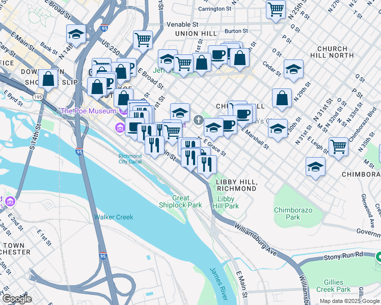 map of restaurants, bars, coffee shops, grocery stores, and more near 2513 East Franklin Street in Richmond