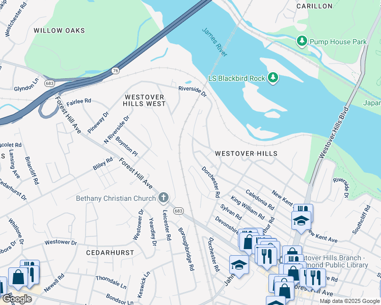 map of restaurants, bars, coffee shops, grocery stores, and more near 5424 Dorchester Road in Richmond