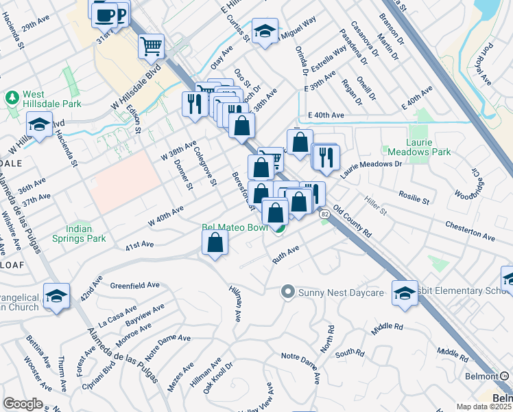 map of restaurants, bars, coffee shops, grocery stores, and more near 67 41st Avenue in San Mateo