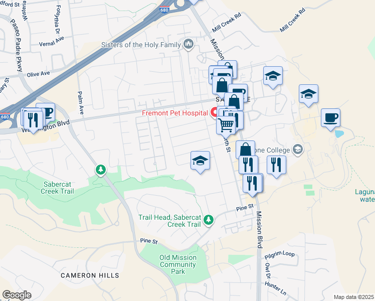 map of restaurants, bars, coffee shops, grocery stores, and more near 357 Anza Street in Fremont