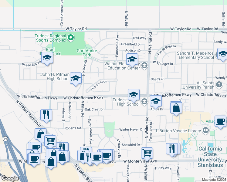 map of restaurants, bars, coffee shops, grocery stores, and more near 4141 Panorama Avenue in Turlock