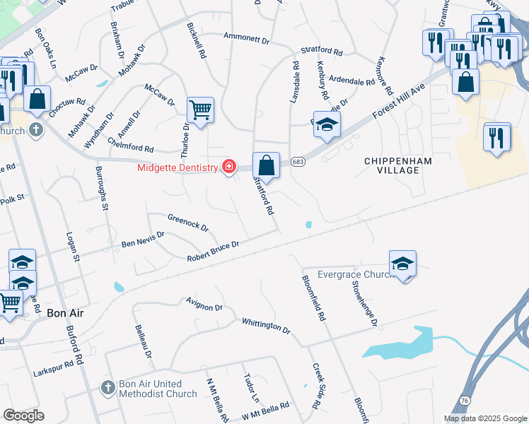 map of restaurants, bars, coffee shops, grocery stores, and more near 2230 Stratford Road in Richmond