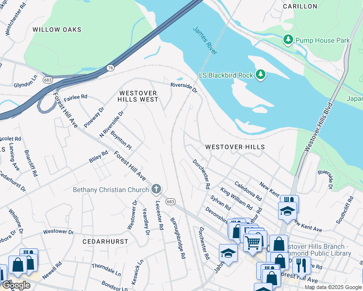 map of restaurants, bars, coffee shops, grocery stores, and more near 5424 Dorchester Road in Richmond