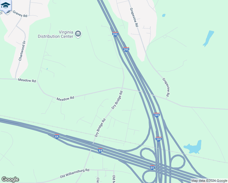 map of restaurants, bars, coffee shops, grocery stores, and more near 2435 Meadow Road in Sandston