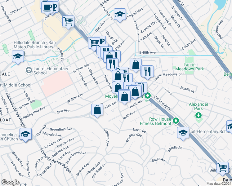 map of restaurants, bars, coffee shops, grocery stores, and more near 4111 Beresford Street in San Mateo