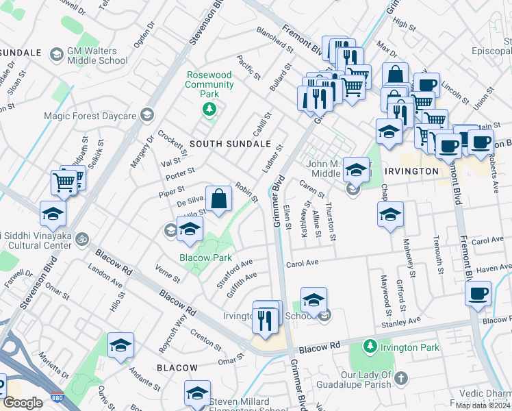 map of restaurants, bars, coffee shops, grocery stores, and more near 4601 Hampshire Way in Fremont