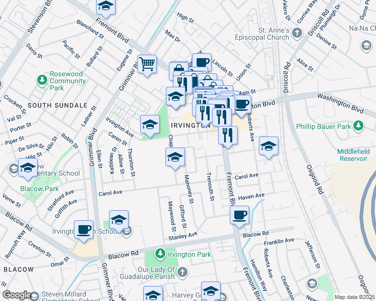 map of restaurants, bars, coffee shops, grocery stores, and more near 4230 Laurel Street in Fremont