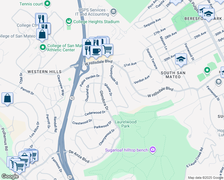 map of restaurants, bars, coffee shops, grocery stores, and more near 3329 Shasta Drive in San Mateo