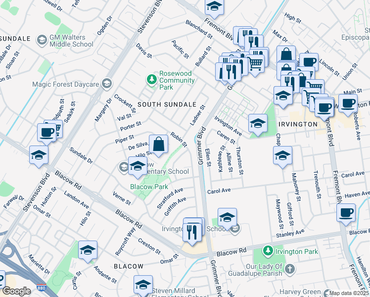 map of restaurants, bars, coffee shops, grocery stores, and more near 4601 Hampshire Way in Fremont