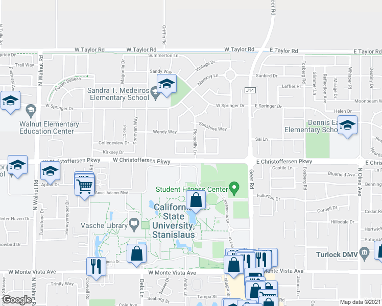 map of restaurants, bars, coffee shops, grocery stores, and more near 441 Meandering Lane in Turlock