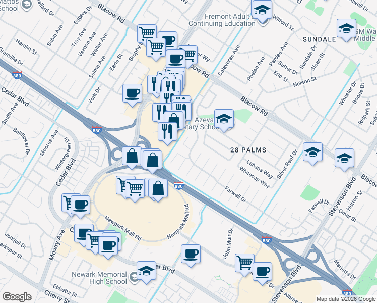 map of restaurants, bars, coffee shops, grocery stores, and more near 5491 Tyler Place in Fremont