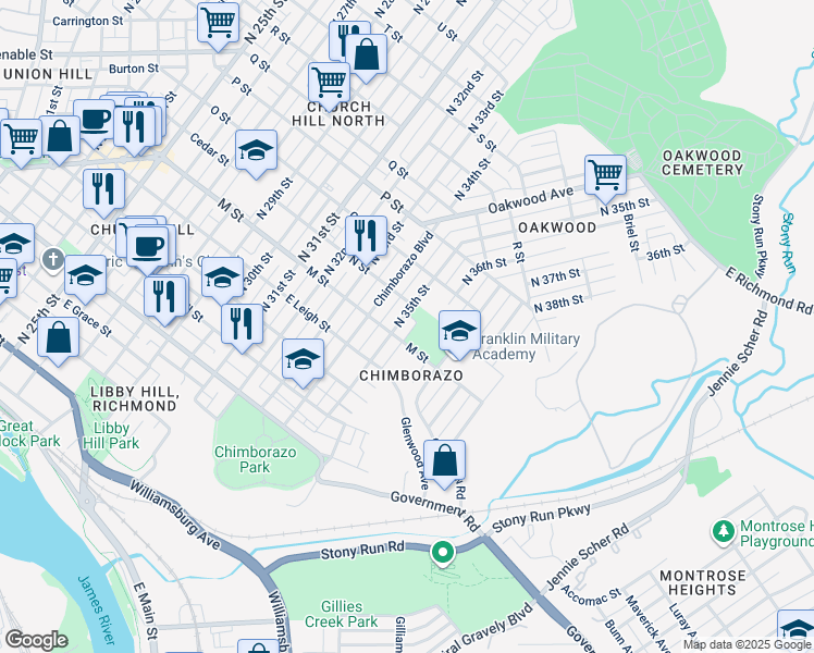 map of restaurants, bars, coffee shops, grocery stores, and more near 709 North 35th Street in Richmond