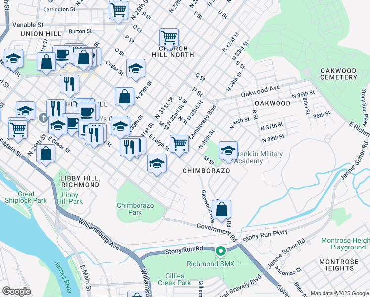 map of restaurants, bars, coffee shops, grocery stores, and more near 617 Chimborazo Boulevard in Richmond