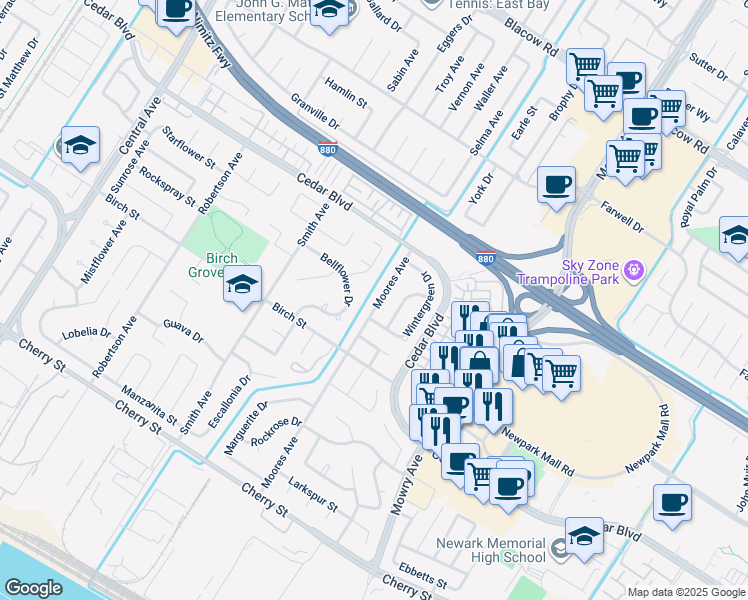 map of restaurants, bars, coffee shops, grocery stores, and more near 5779 Moores Avenue in Newark