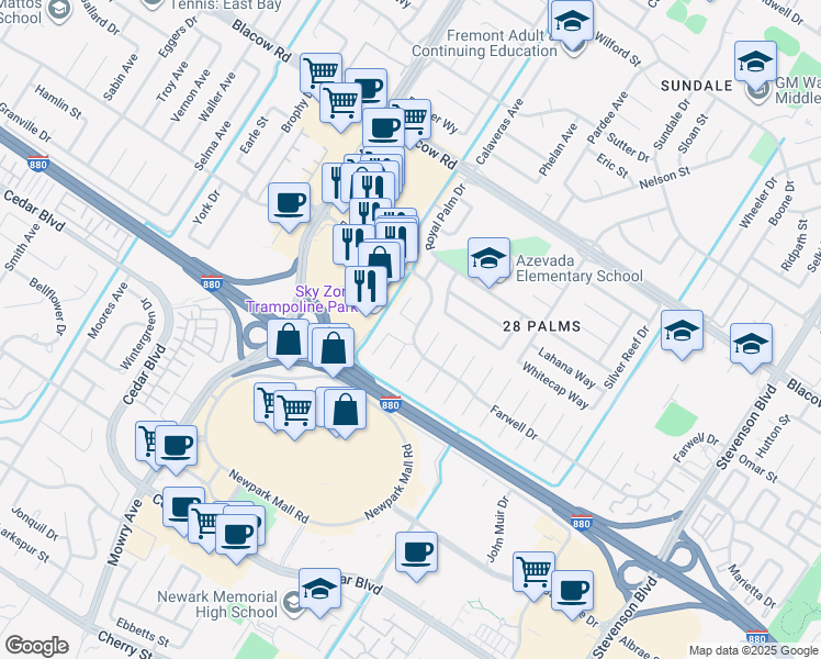 map of restaurants, bars, coffee shops, grocery stores, and more near 5491 Tyler Place in Fremont