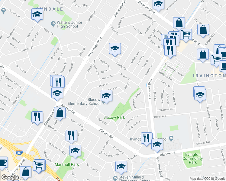 map of restaurants, bars, coffee shops, grocery stores, and more near 4572 De Silva Street in Fremont