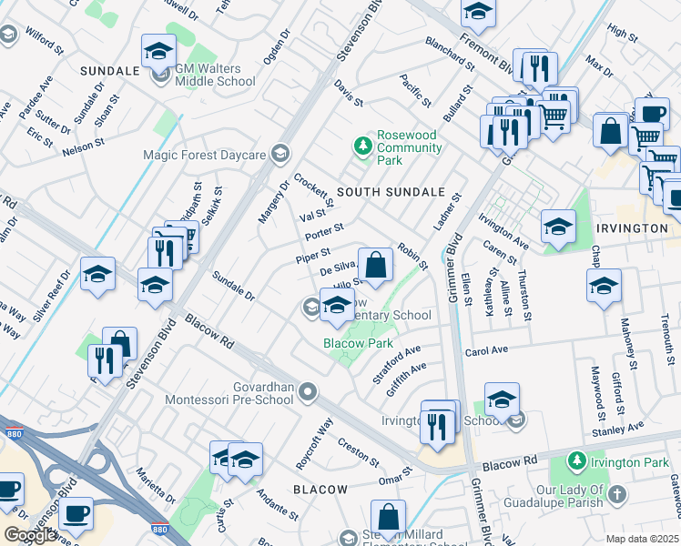 map of restaurants, bars, coffee shops, grocery stores, and more near 4572 De Silva Street in Fremont