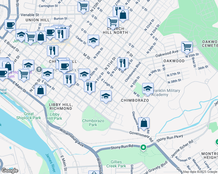 map of restaurants, bars, coffee shops, grocery stores, and more near 526 North 33rd Street in Richmond