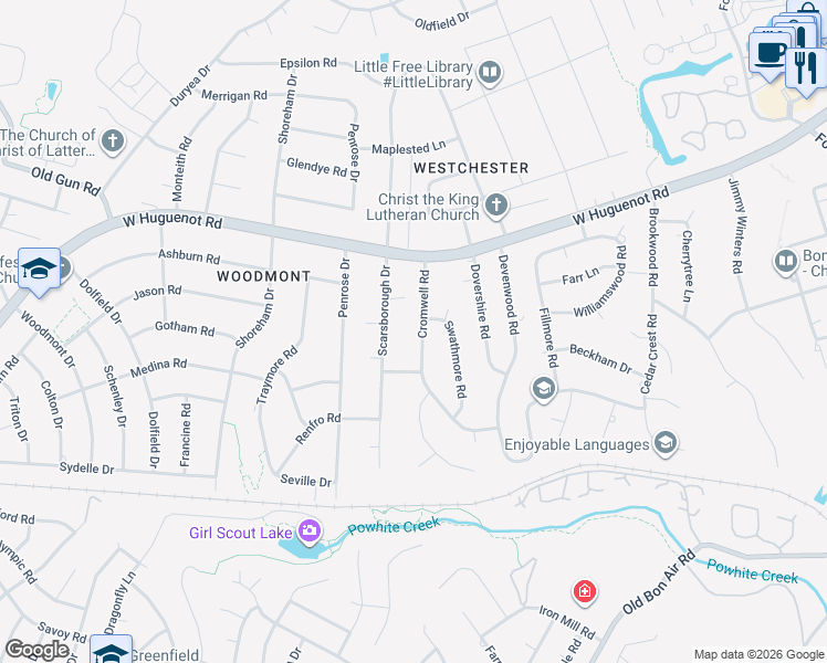 map of restaurants, bars, coffee shops, grocery stores, and more near 2560 Cromwell Road in Richmond
