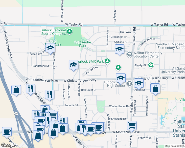 map of restaurants, bars, coffee shops, grocery stores, and more near 2440 Paseo De Leon in Turlock