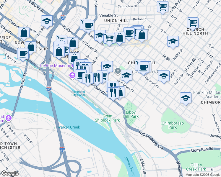 map of restaurants, bars, coffee shops, grocery stores, and more near 2405 East Franklin Street in Richmond