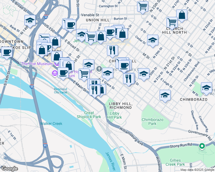 map of restaurants, bars, coffee shops, grocery stores, and more near 2607 East Grace Street in Richmond