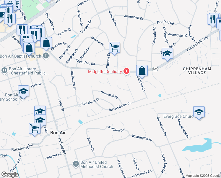 map of restaurants, bars, coffee shops, grocery stores, and more near 2400 Bon Air Station Ln in Richmond