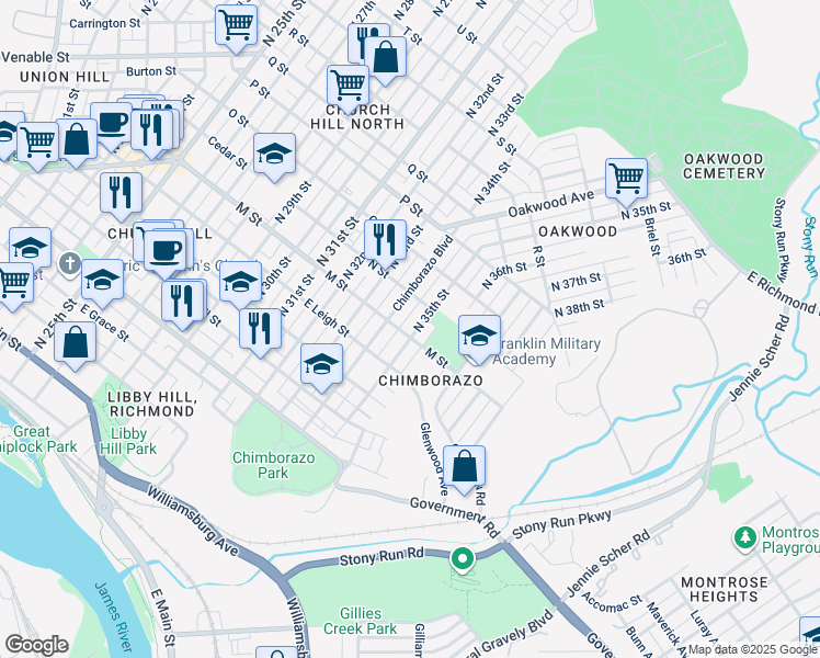 map of restaurants, bars, coffee shops, grocery stores, and more near 702 North 35th Street in Richmond