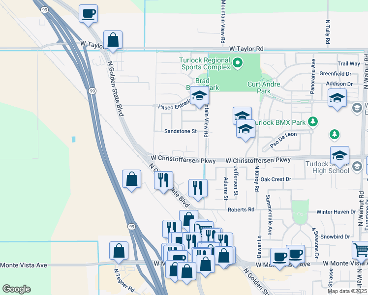 map of restaurants, bars, coffee shops, grocery stores, and more near 3025 West Christoffersen Parkway in Turlock