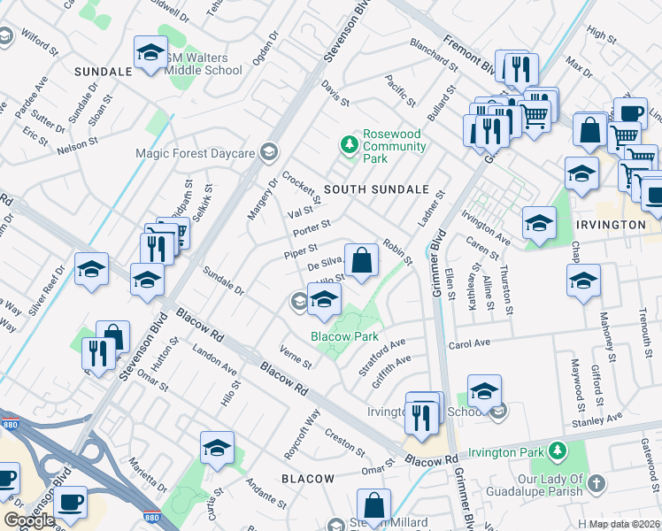 map of restaurants, bars, coffee shops, grocery stores, and more near 4577 De Silva Street in Fremont