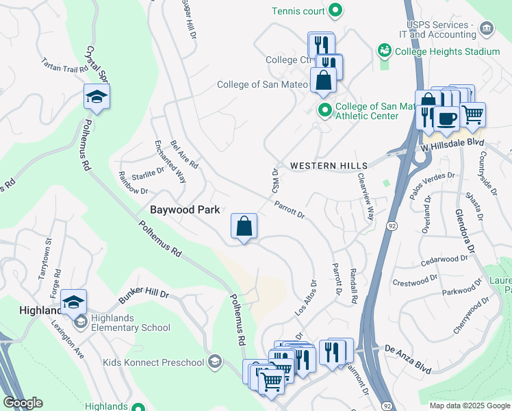 map of restaurants, bars, coffee shops, grocery stores, and more near 124 CSM Drive in San Mateo