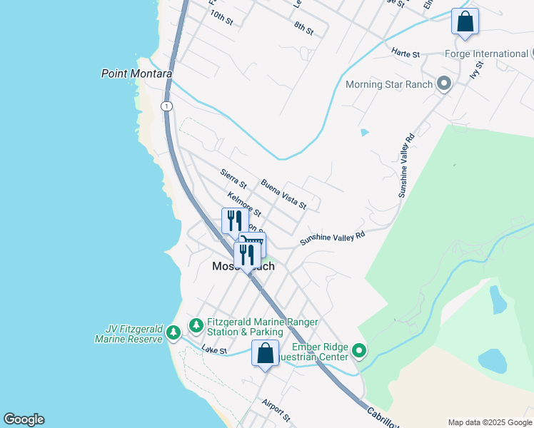 map of restaurants, bars, coffee shops, grocery stores, and more near 767 Kelmore Street in Moss Beach