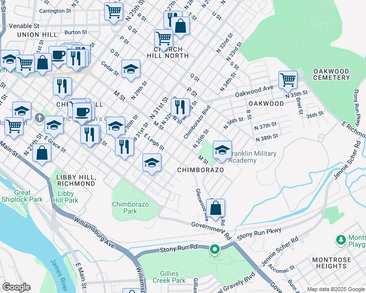 map of restaurants, bars, coffee shops, grocery stores, and more near 617 Chimborazo Boulevard in Richmond