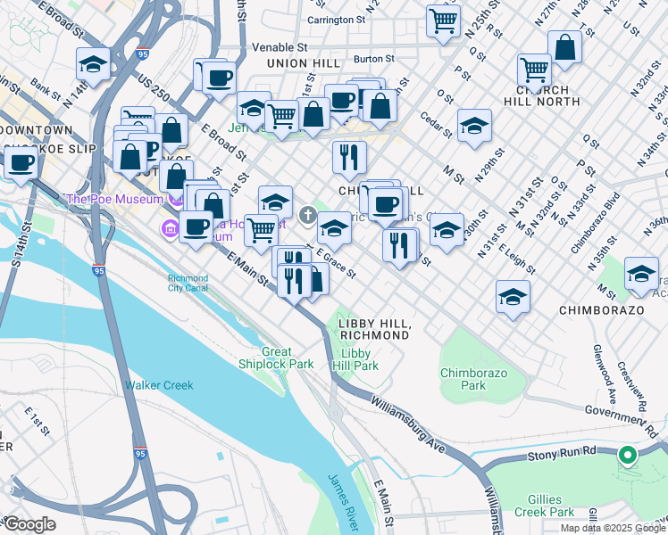 map of restaurants, bars, coffee shops, grocery stores, and more near 2607 East Grace Street in Richmond