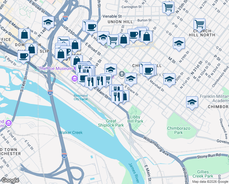 map of restaurants, bars, coffee shops, grocery stores, and more near 2405 East Franklin Street in Richmond