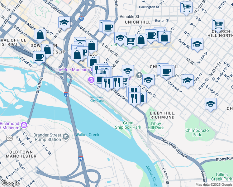 map of restaurants, bars, coffee shops, grocery stores, and more near 2314 East Main Street in Richmond