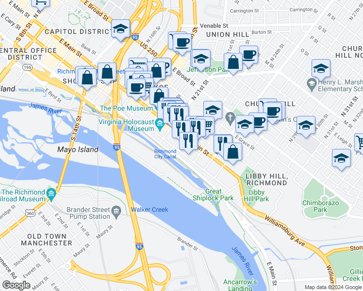 map of restaurants, bars, coffee shops, grocery stores, and more near 17 South 22nd Street in Richmond