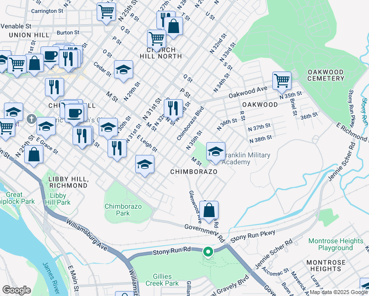 map of restaurants, bars, coffee shops, grocery stores, and more near 702 North 35th Street in Richmond
