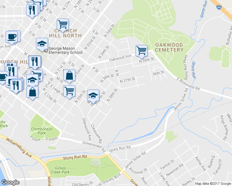 map of restaurants, bars, coffee shops, grocery stores, and more near 907 North 38th Street in Richmond