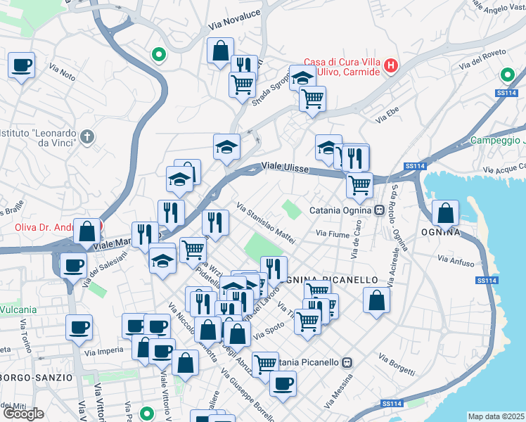 map of restaurants, bars, coffee shops, grocery stores, and more near 150 Via Macaluso in Catania