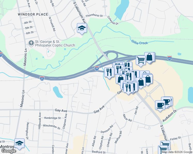 map of restaurants, bars, coffee shops, grocery stores, and more near 4302 Millers Lane in Richmond