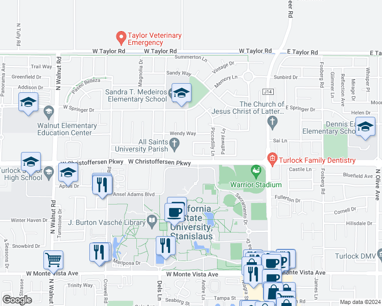 map of restaurants, bars, coffee shops, grocery stores, and more near 4075 Laurel Walk Lane in Turlock